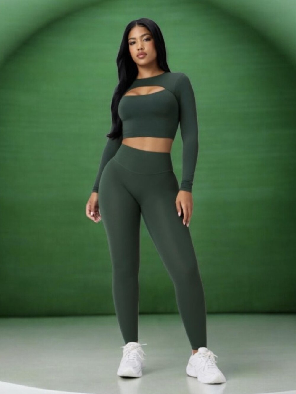 #K163 Joylab  Long-Sleeve Cutout Crop Top & High-Waist Leggings Set - Dark Green
